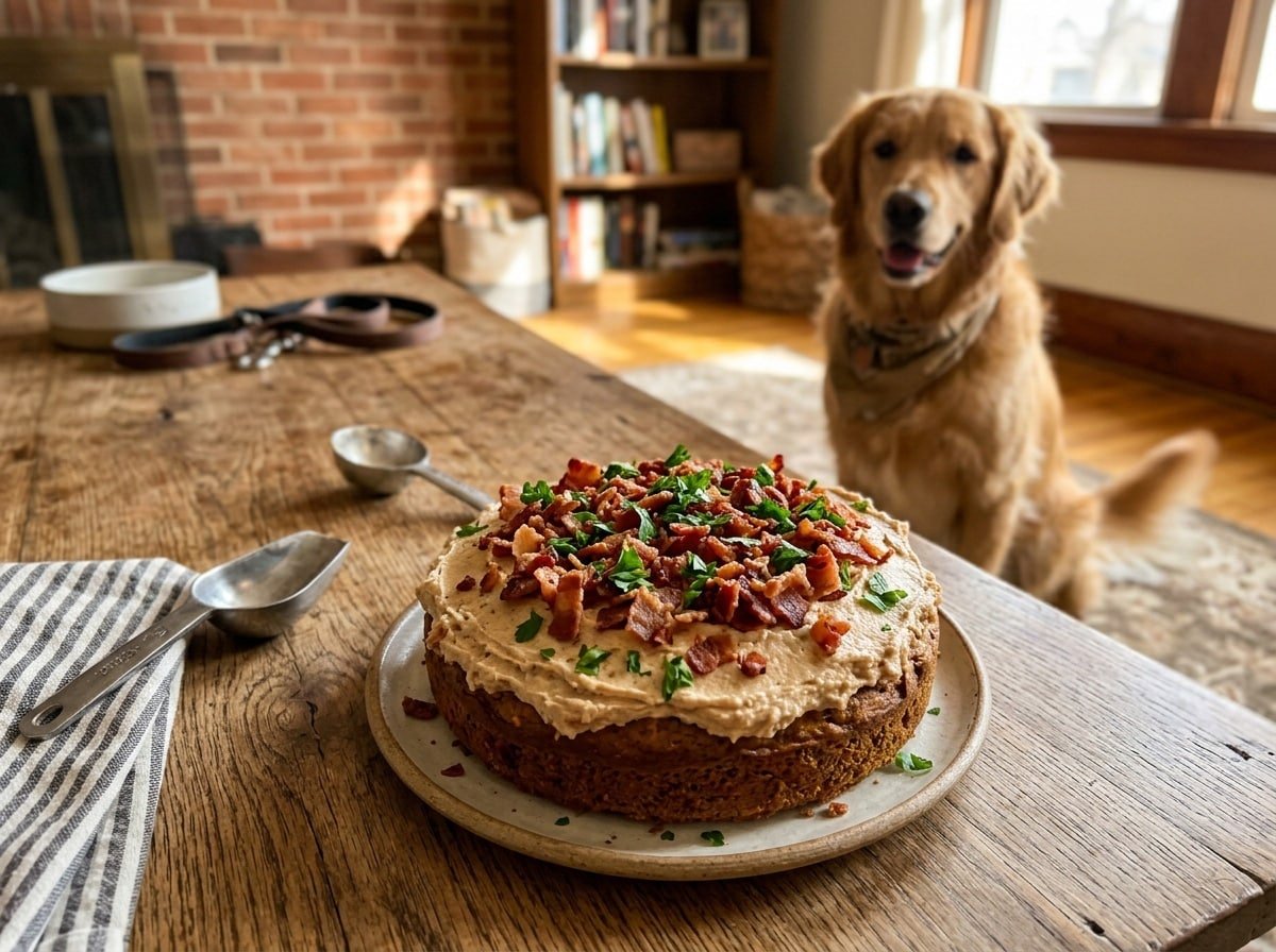 A homemade Bacon Sweet Potato Cake for dogs, topped with bacon and parsley, with a dog eagerly watching in the background.