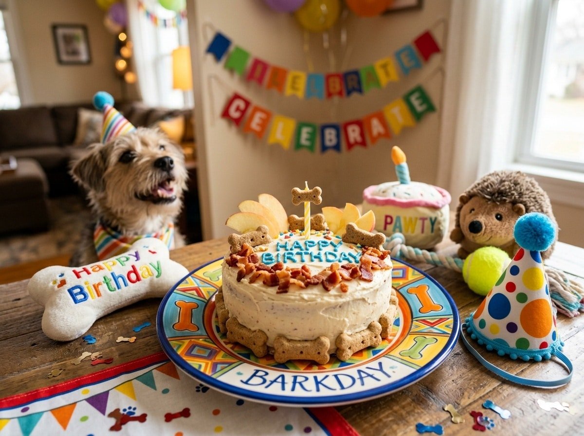 A mouth-watering apple bacon celebration cake for dogs, decorated with bacon and apple, ready for a festive occasion.