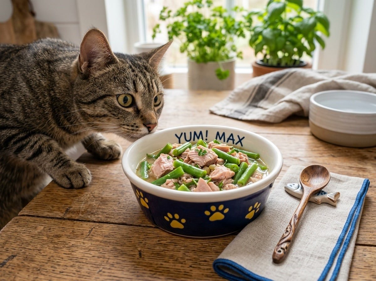 Bowl of light tuna and green bean cat meal with a curious cat looking on.