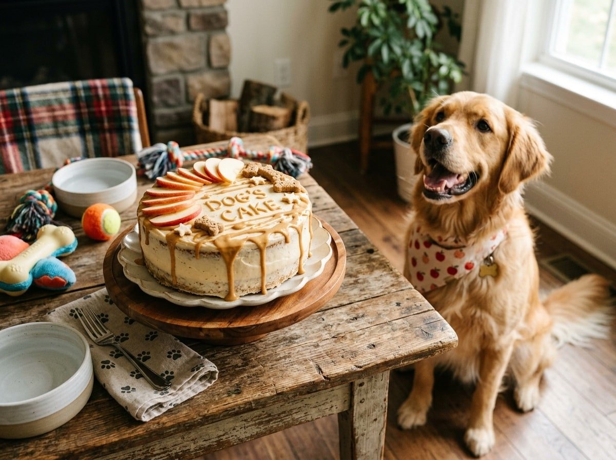 A homemade dog cake featuring peanut butter and apples, garnished with apple slices on a rustic table.
