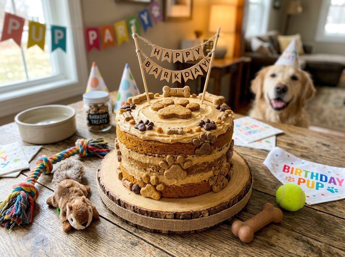 Peanut butter pumpkin layer cake for dogs, decorated with paw prints, on a wooden table.