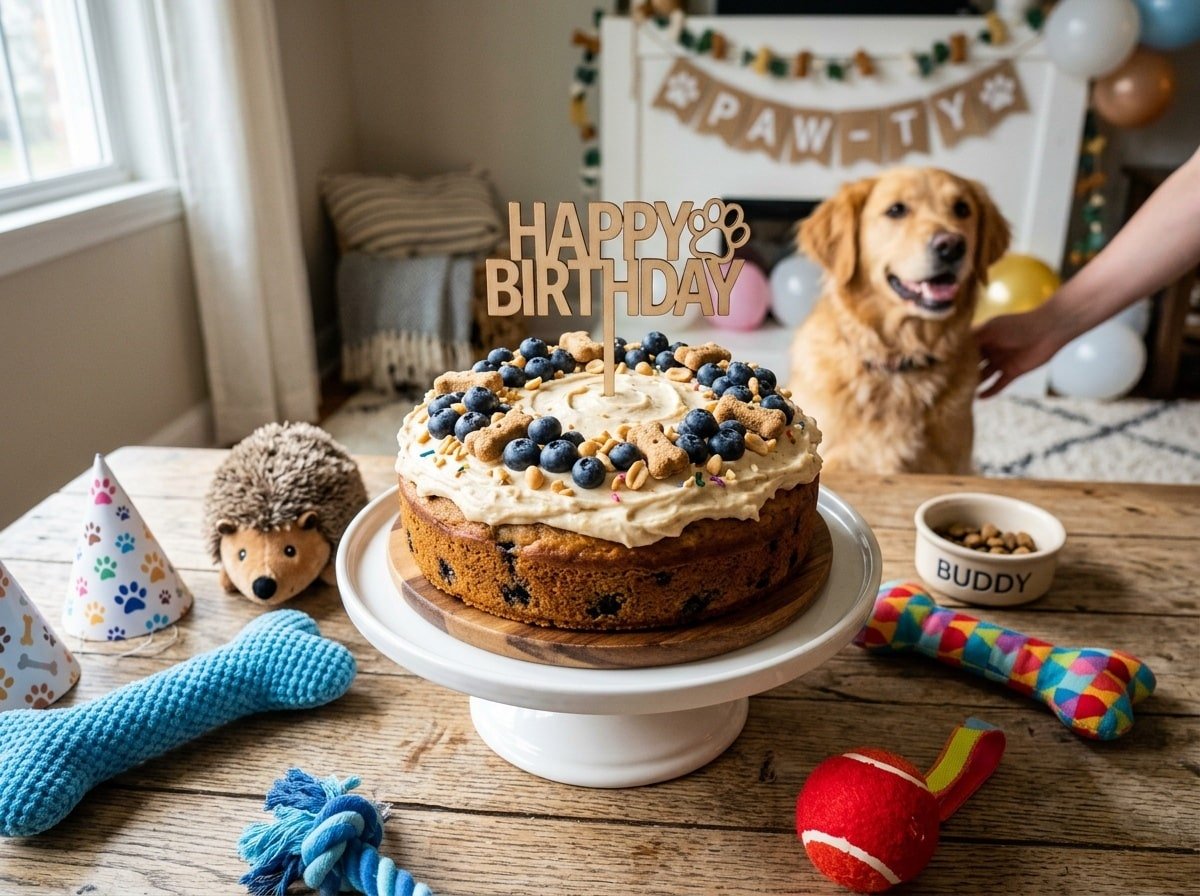 Peanut butter blueberry cake for dogs, topped with blueberries and yogurt frosting, with dog toys in the background.