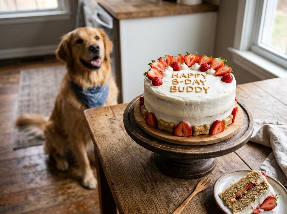 Delicious Peanut Butter Strawberry Dog Cake with yogurt frosting and fresh strawberries on a wooden table, with a dog waiting excitedly.