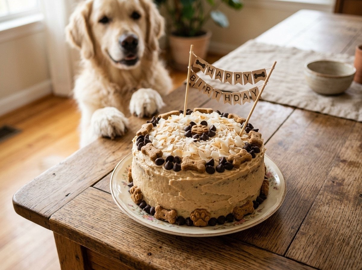 Peanut Butter Coconut Cake for Dogs, topped with carob chips and coconut flakes, on a wooden table with a dog