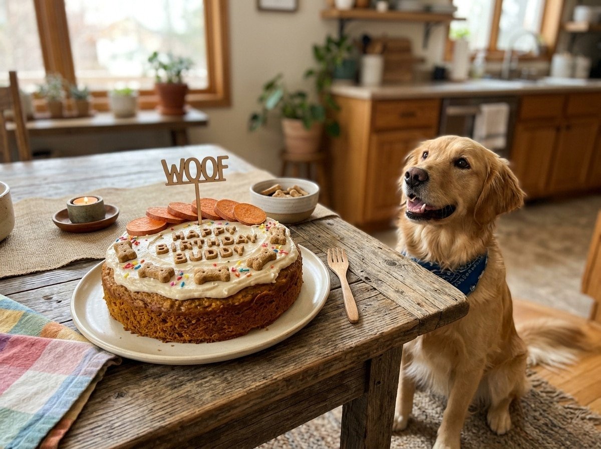 A homemade peanut butter sweet potato cake for dogs with yogurt frosting and dog treats, presented on a wooden table with a happy dog nearby.