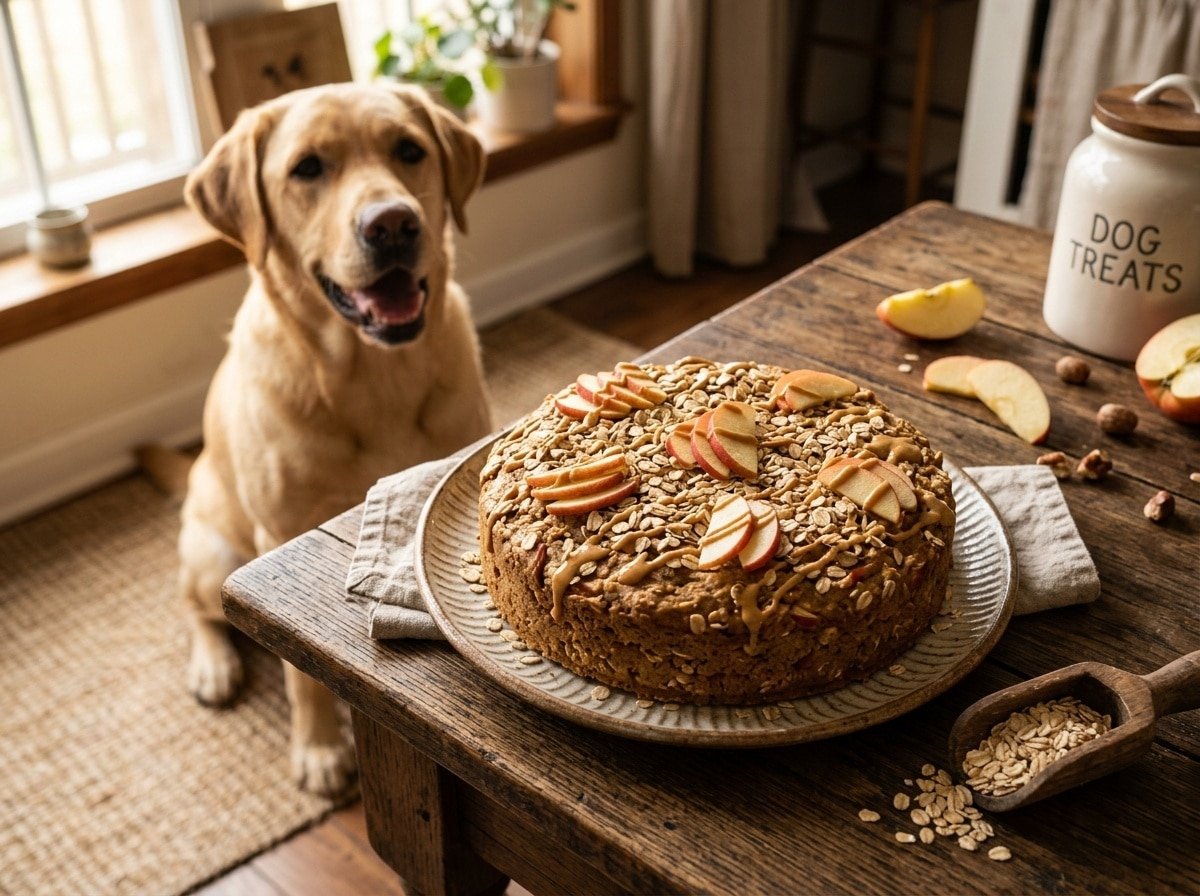 Homemade Peanut Butter Apple Oat Cake for dogs, garnished with apple slices and oats, with a happy dog in the background.