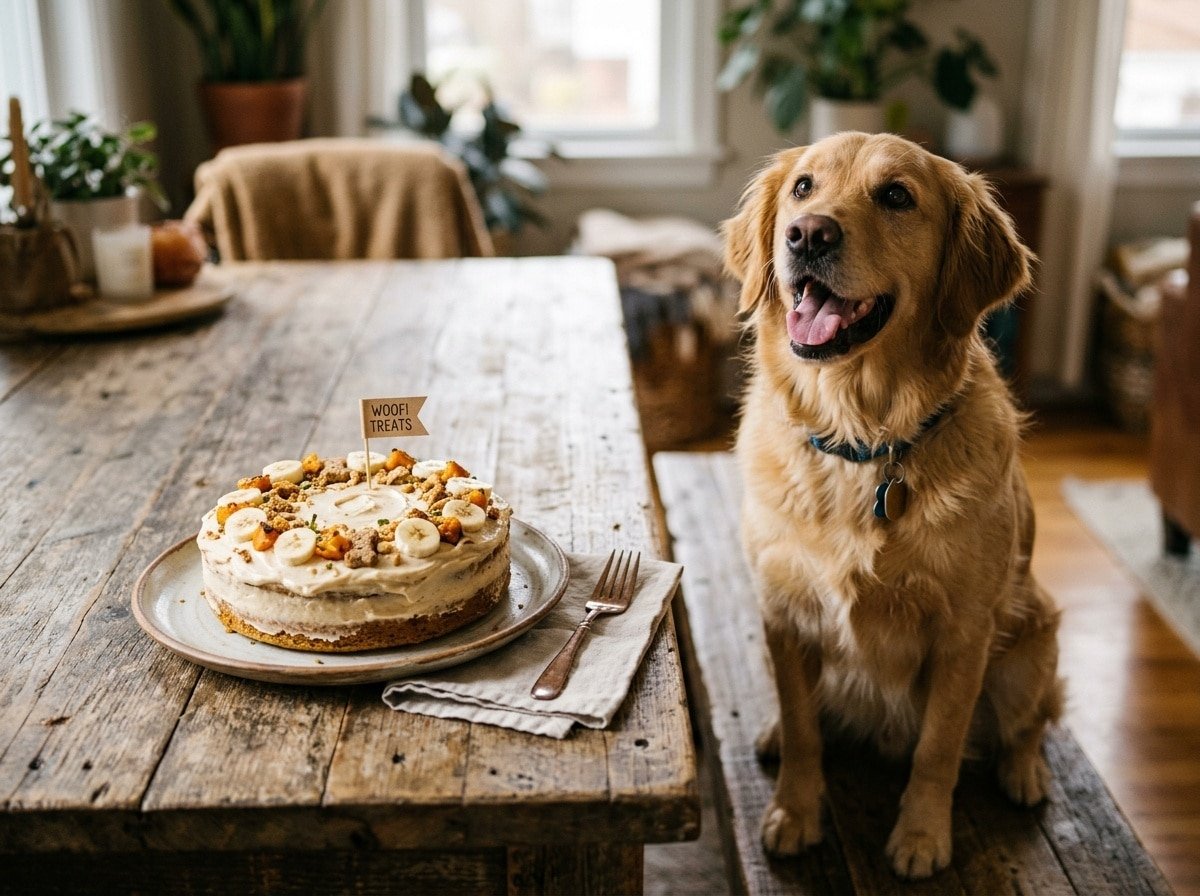 A homemade dog cake made with peanut butter, pumpkin, and banana, decorated with yogurt frosting, beside a happy dog.