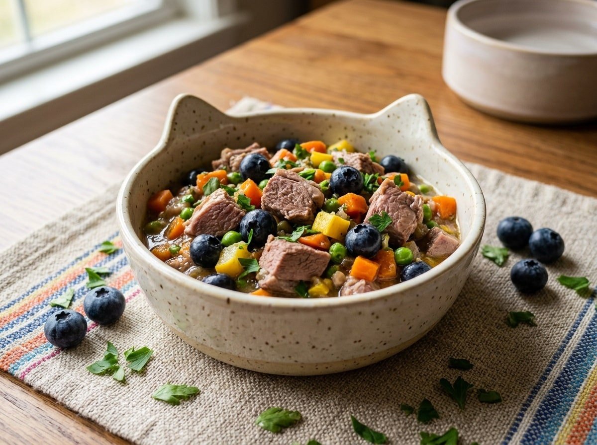 Homemade cat food made with duck and blueberries, served in a bowl on a placemat.