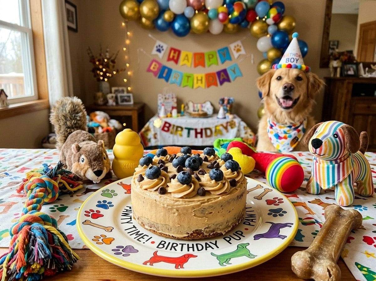 Peanut Butter Berry Cake for dogs, decorated with blueberries and carob chips on a colorful plate, ready for a special occasion.