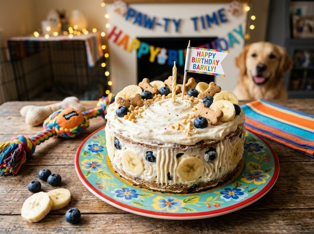 A dog cake featuring bananas and blueberries with yogurt icing, set on a festive table.