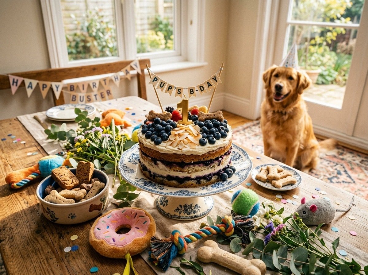 A decorated dog cake made with blueberries and coconut, displayed on a festive table with dog toys.