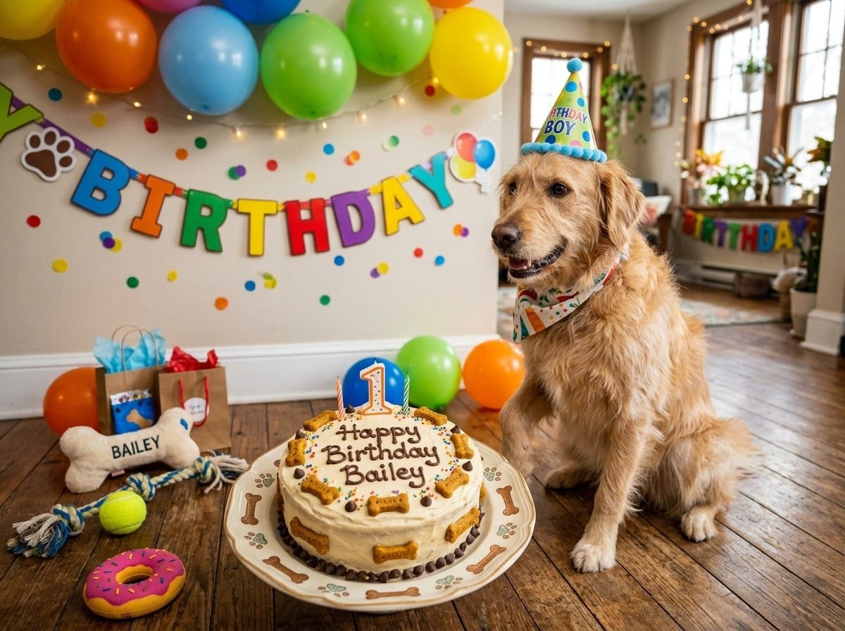 A Turkey Pumpkin Birthday Cake for Dogs decorated with carob chips and a birthday theme.