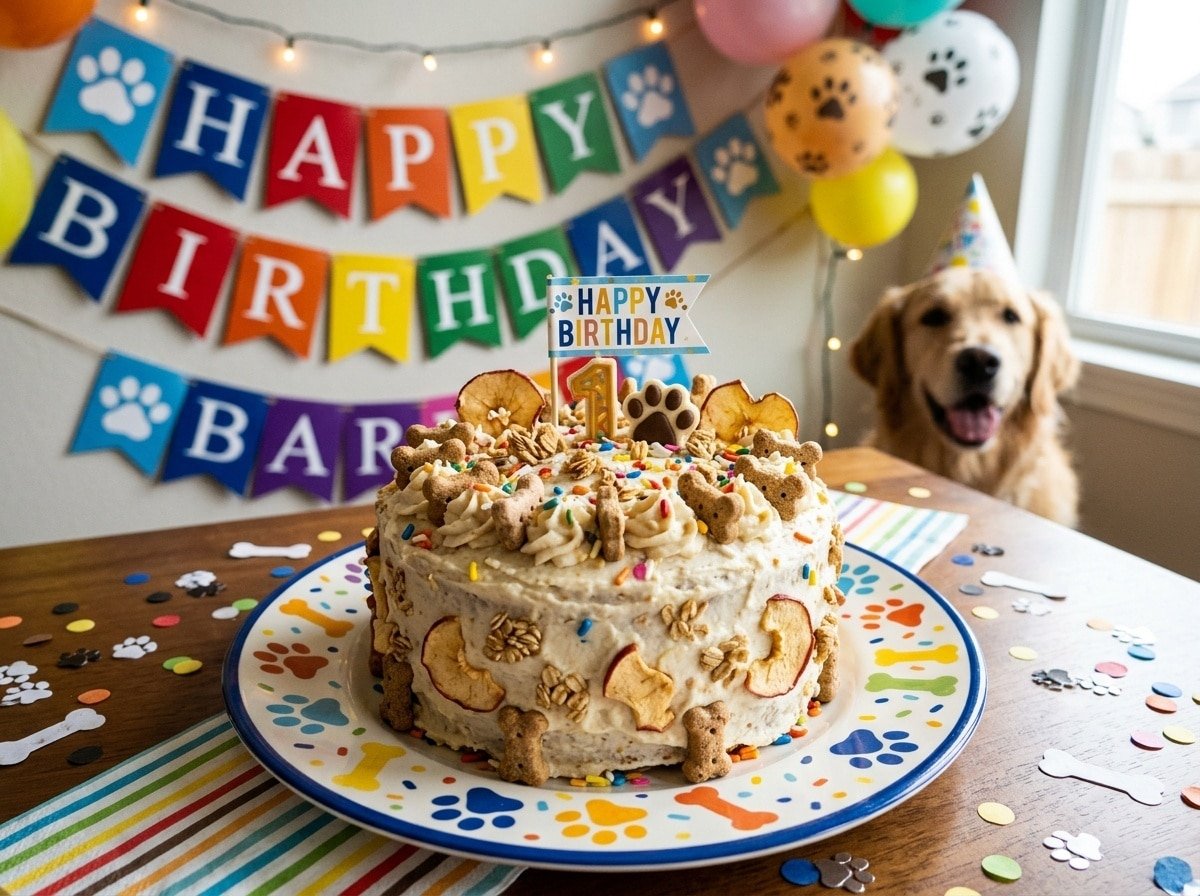 A homemade dog cake for dogs made with chicken and apple, topped with yogurt frosting and dog treats, on a festive plate.
