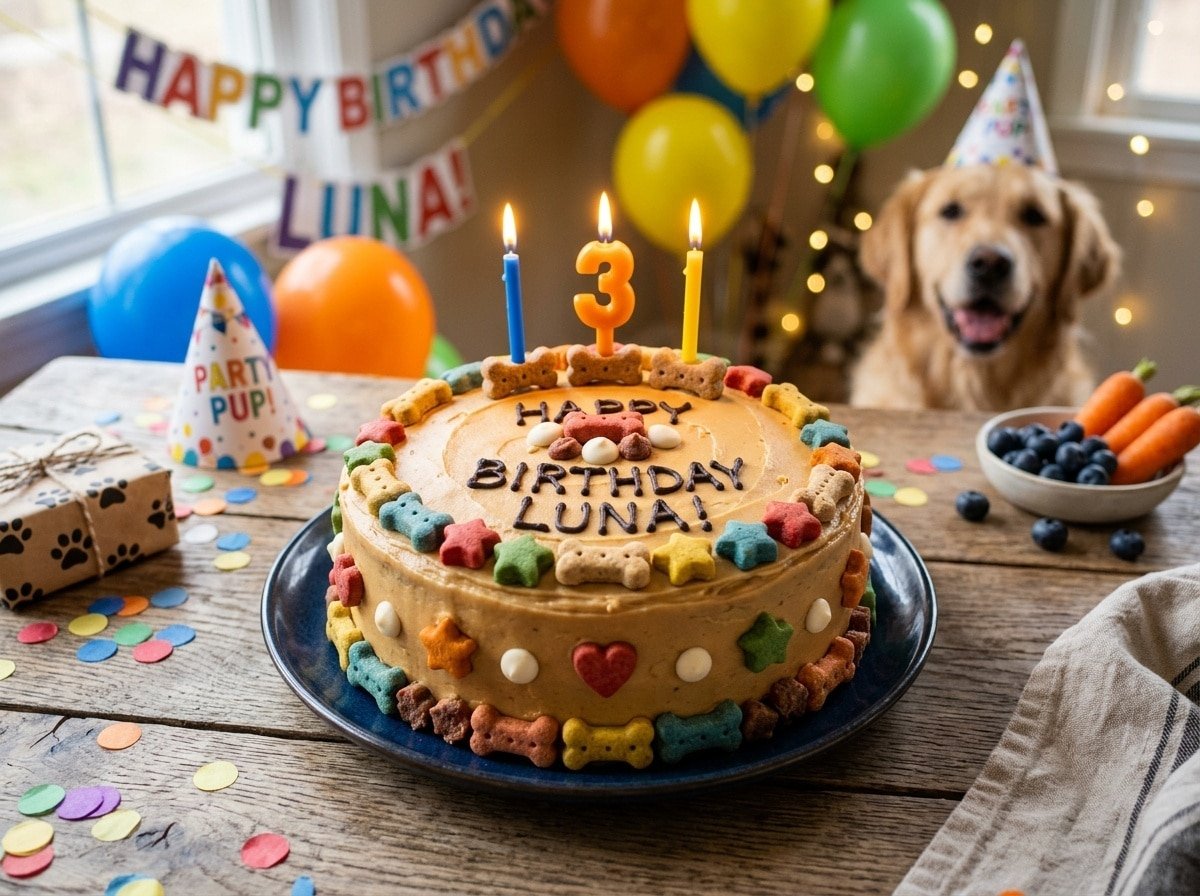 A Beef Pumpkin Birthday Cake for dogs, topped with peanut butter frosting and dog treats, set on a wooden table with festive decorations.