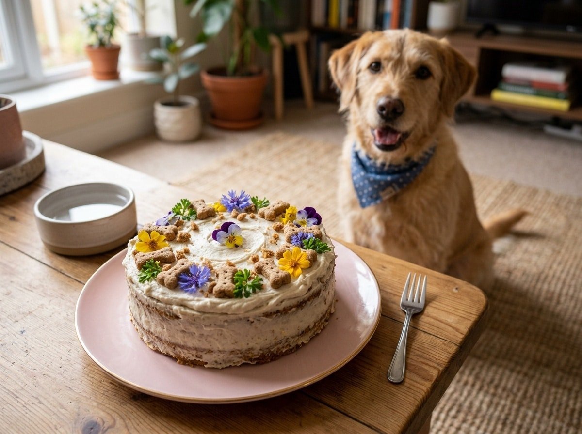 A delightful lamb sweet potato cake for dogs, decorated with yogurt frosting and dog treats.