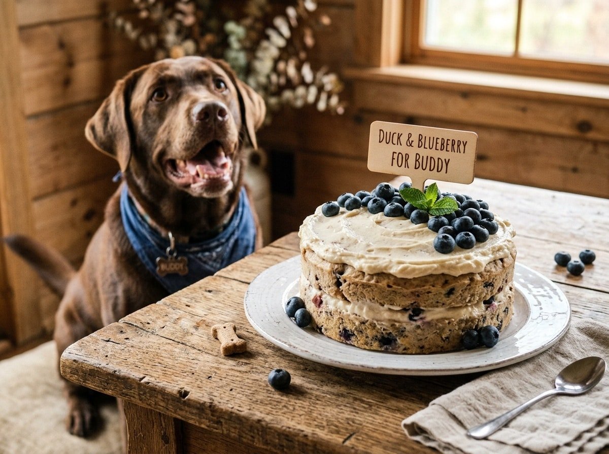A mouthwatering Duck Blueberry Cake for dogs, frosted with yogurt and topped with fresh blueberries, set on a wooden table with a happy dog in the background.