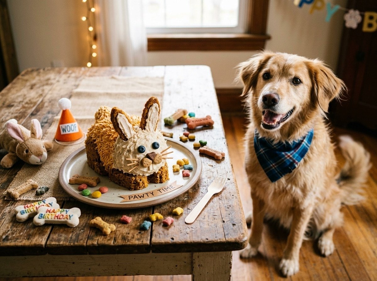 Rabbit Pumpkin Cake for dogs on a rustic table decorated with dog treats, with a dog eagerly looking at it.