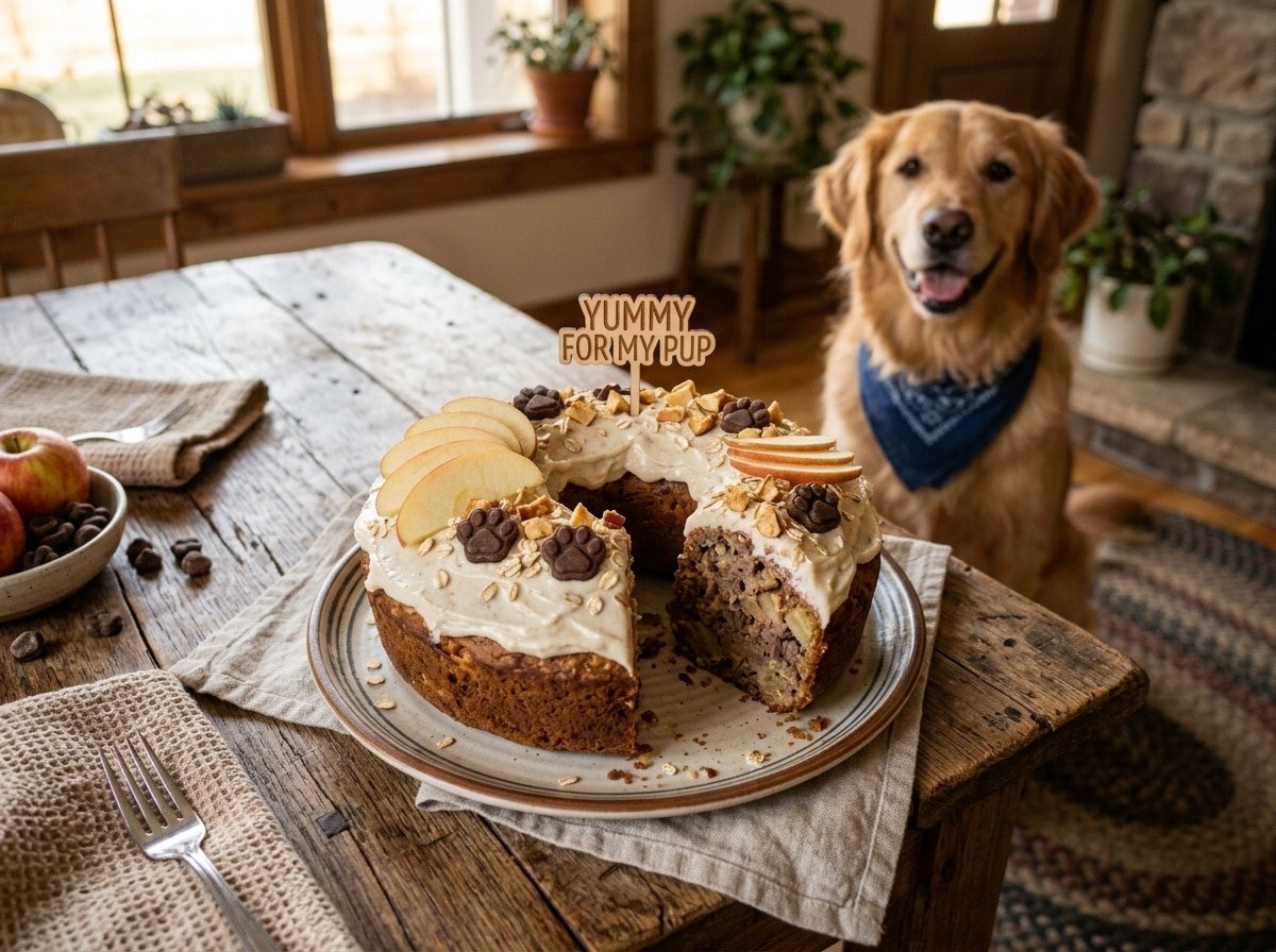 A homemade venison apple cake for dogs, decorated with frosting and carob chips, on a wooden table with a dog in the background.