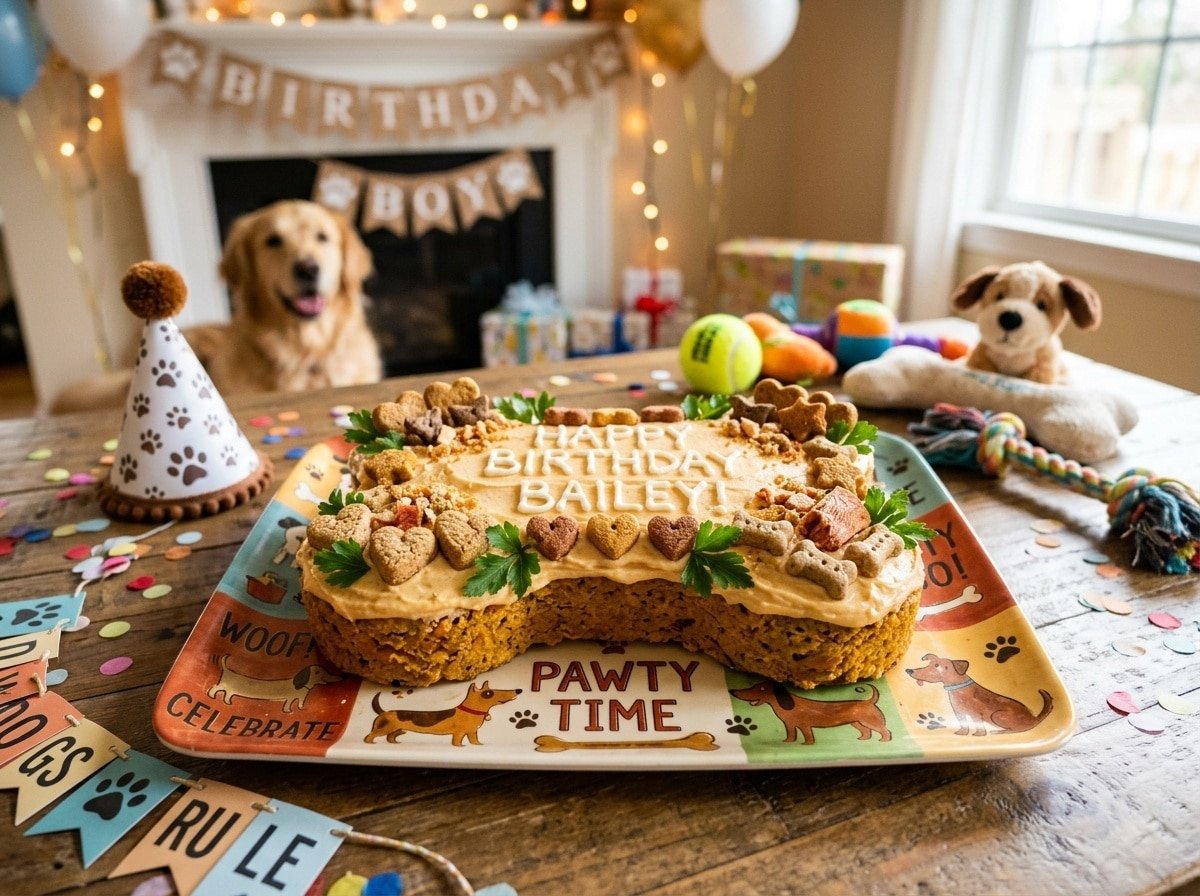 A salmon pumpkin dog cake shaped like a bone, decorated with frosting and dog treats, on a colorful platter for a dog celebration.