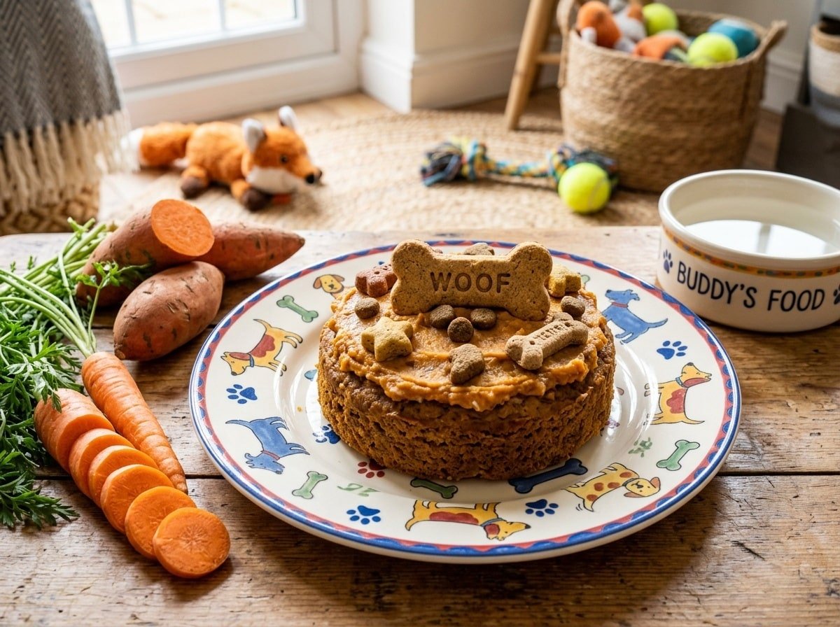 A homemade Tuna Sweet Potato Cake for dogs on a colorful plate, garnished with dog treats, surrounded by fresh ingredients.