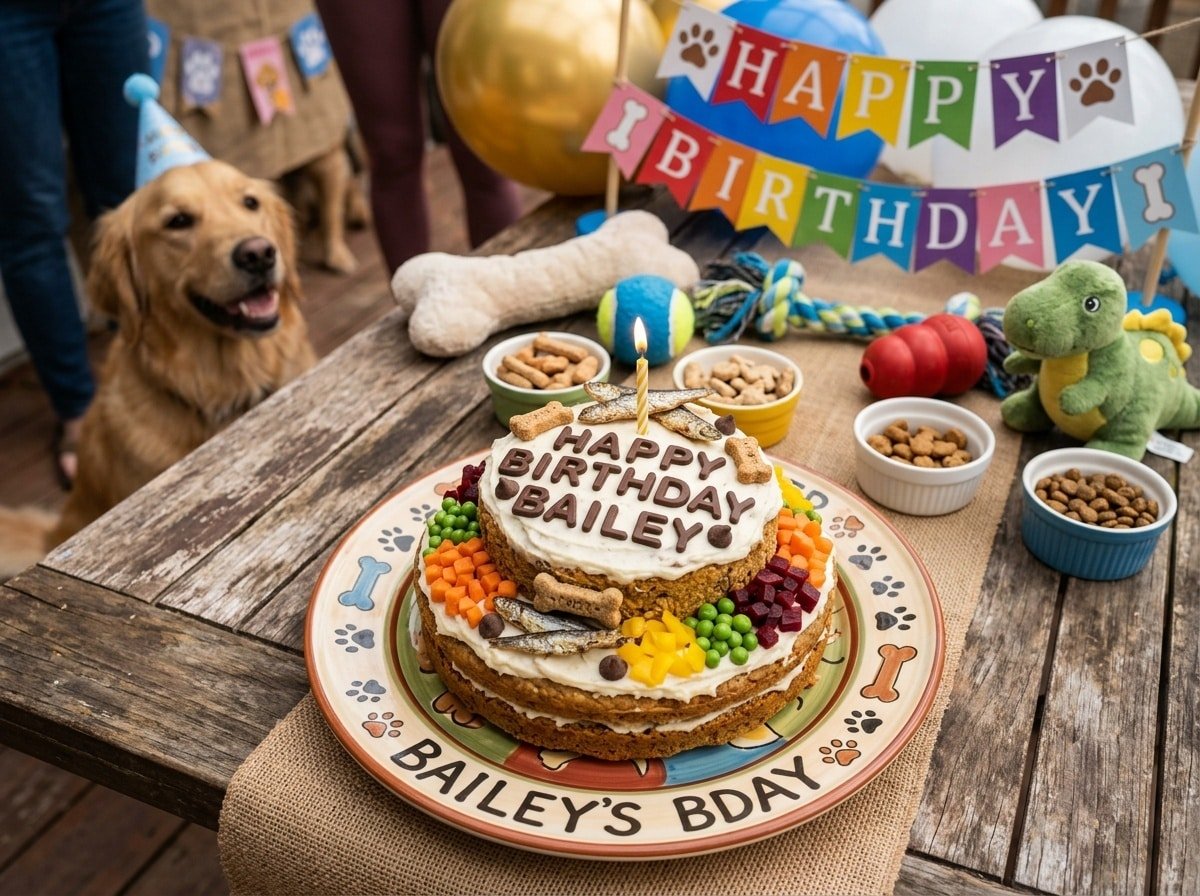 A colorful sardine cake for dogs, garnished with carob chips and veggies, perfect for a dog celebration.