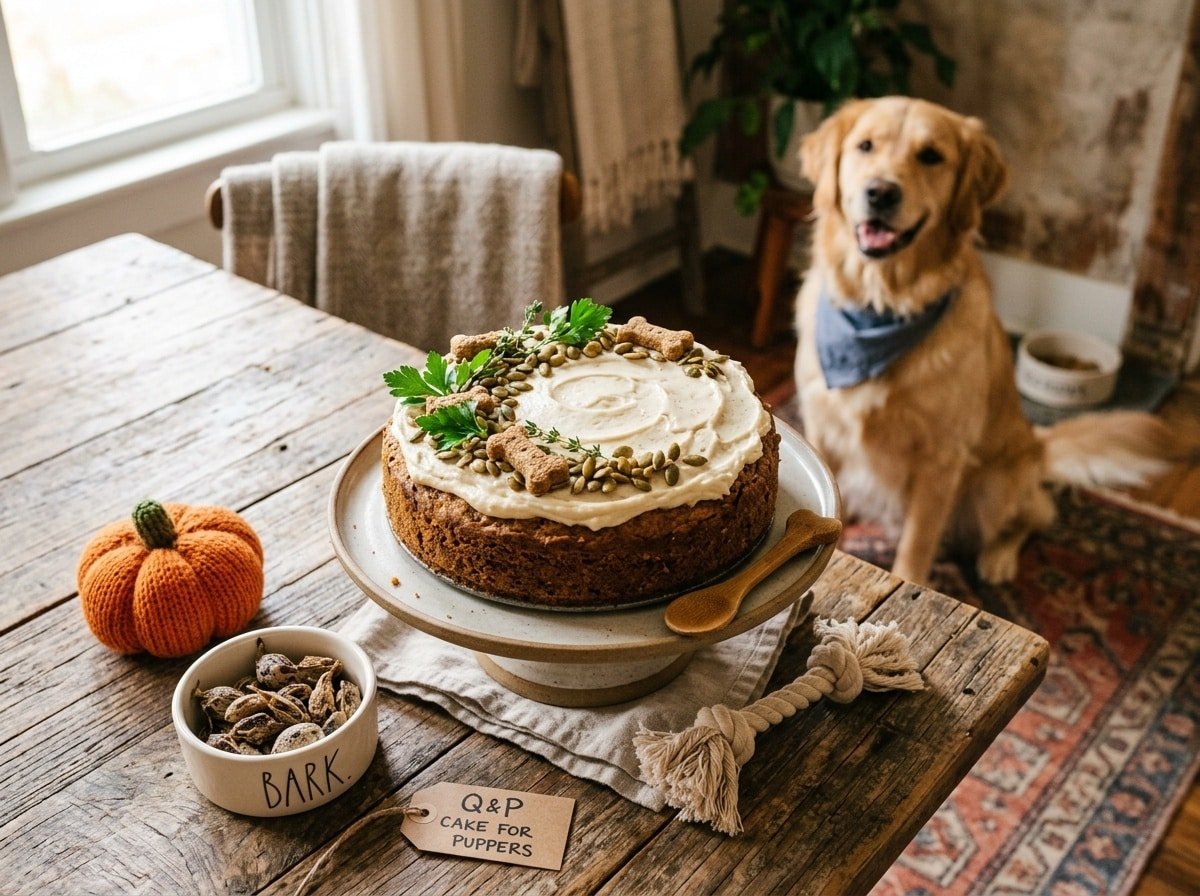 A homemade Quail & Pumpkin Cake for Dogs, garnished with pumpkin seeds, on a wooden table with a dog in the background.