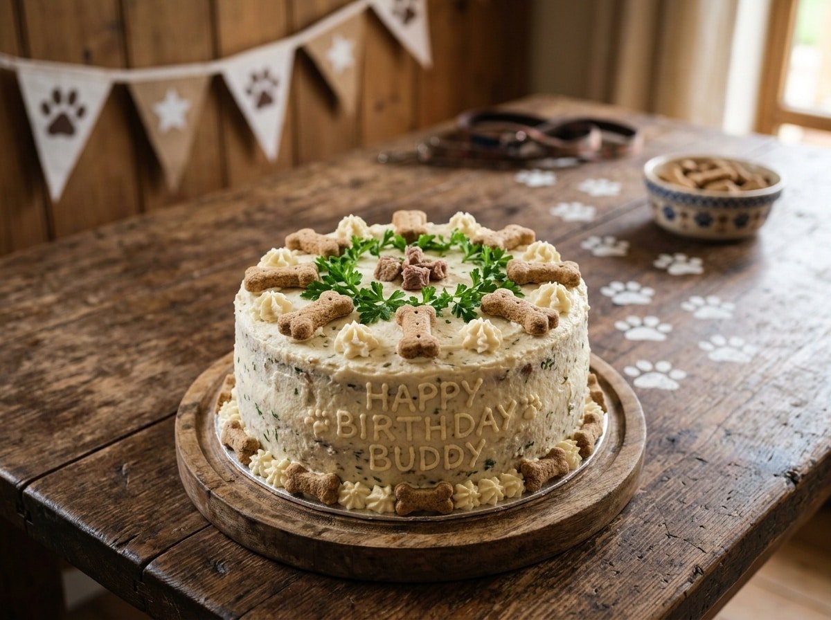 A savory lamb and cottage cheese dog cake, decorated with dog treats and parsley, on a rustic wooden table.