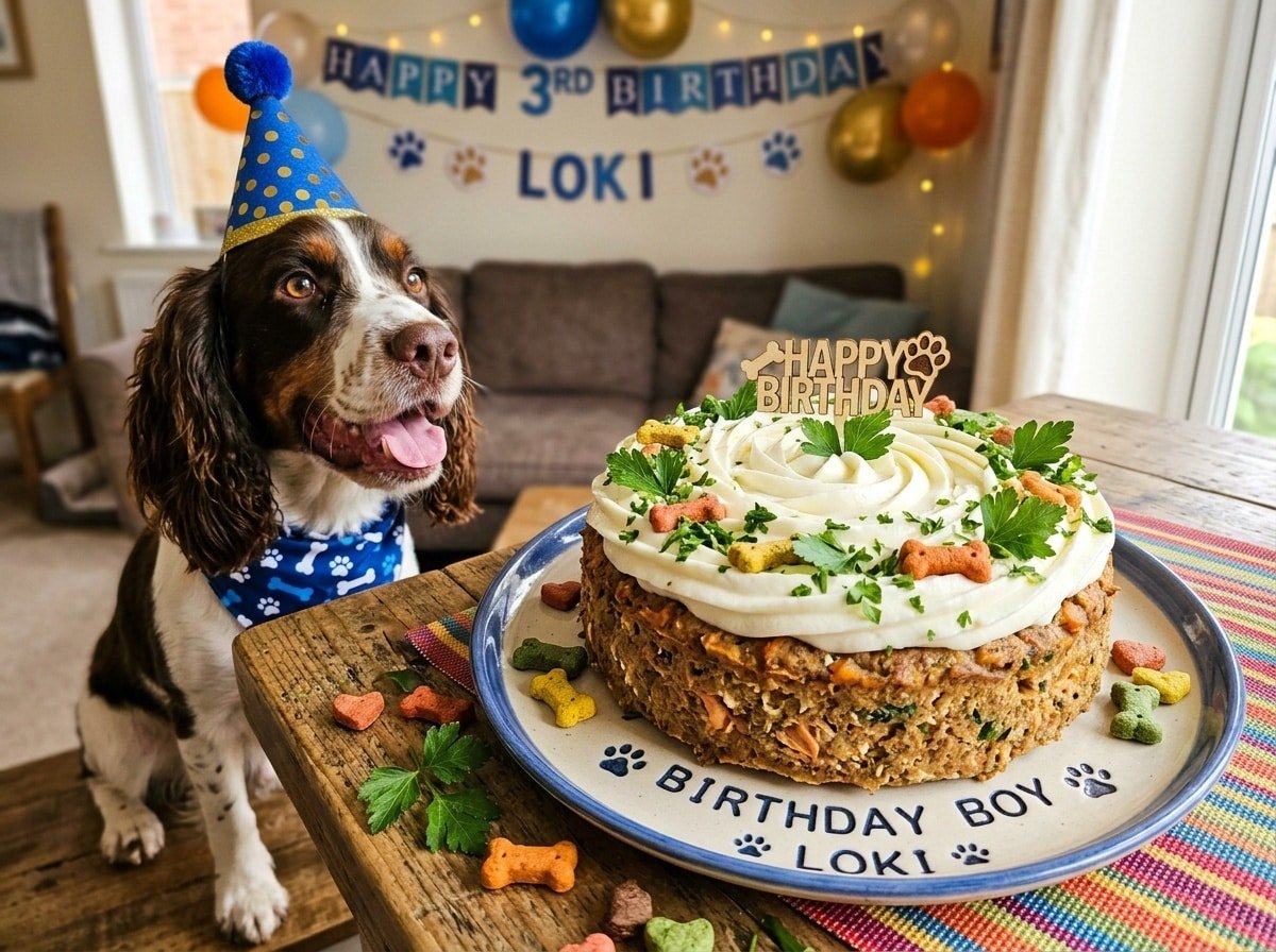 A savory salmon and cottage cheese dog cake with yogurt frosting, decorated with parsley and dog treats, ready for a birthday celebration.