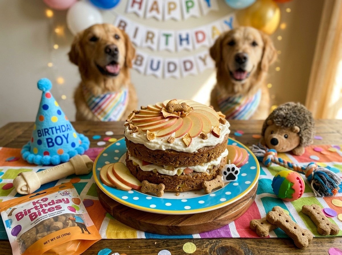 A layer cake for dogs made with apples and bananas, frosted with yogurt and decorated with apple slices.