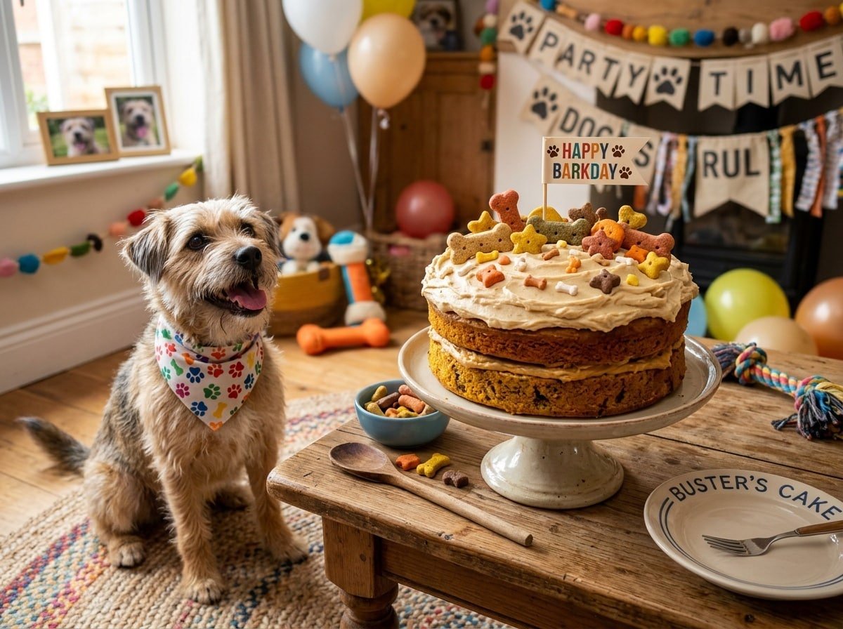 Pumpkin Banana Layer Cake for dogs with peanut butter frosting and dog treats on top, surrounded by a playful dog.
