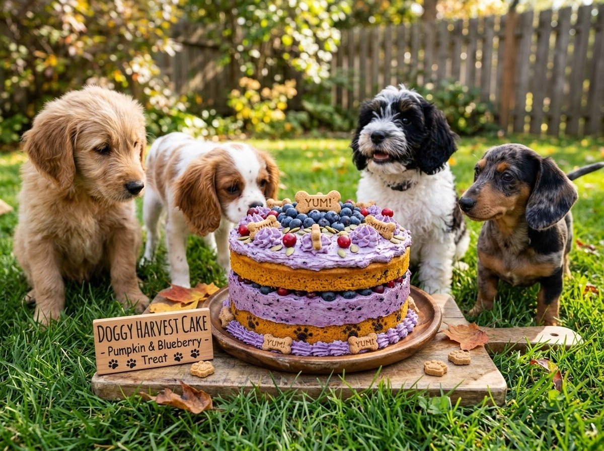 A Blueberry Pumpkin Layer Cake for dogs with pumpkin layers and blueberry frosting, surrounded by joyful dogs.