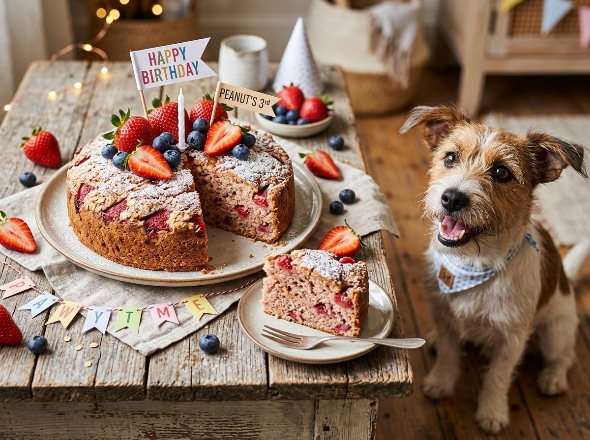 Strawberry oat cake for dogs, decorated with strawberries, on a wooden table with a dog eagerly watching.