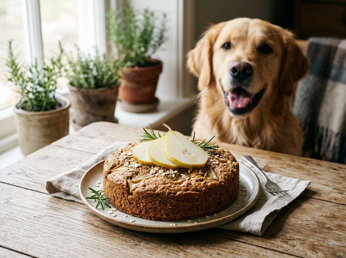 A freshly baked Pear Banana Cake for dogs, decorated with pear slices, with a joyful dog eagerly waiting nearby.