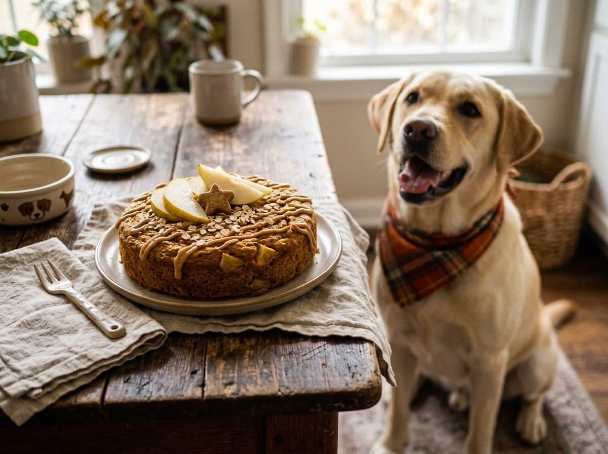 A dog-friendly pumpkin pear cake topped with slices of pear, on a wooden table with a dog looking on.