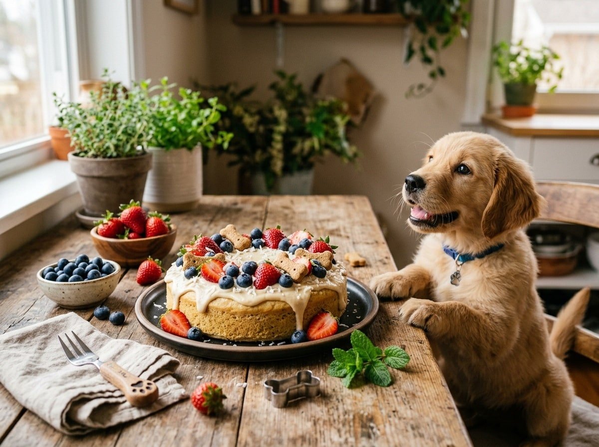 A Coconut Berry Cake for dogs topped with blueberries and strawberries, with a puppy in the background.