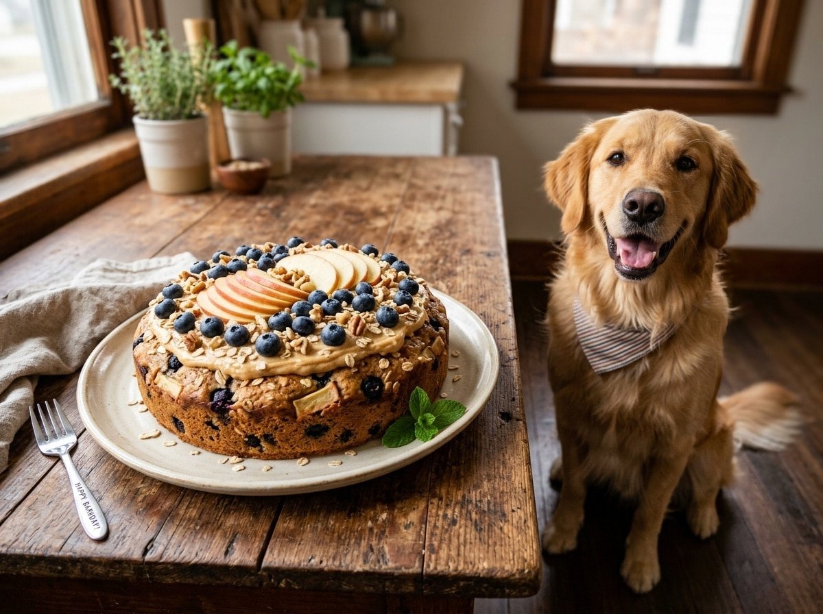 An appetizing apple blueberry cake for dogs, decorated with blueberries and apple slices, on a wooden table with a happy dog nearby.