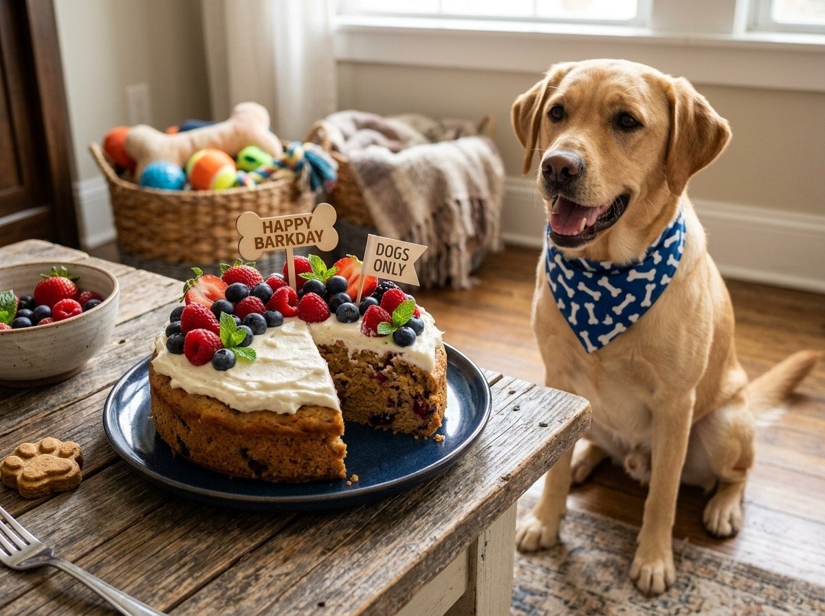 Sweet Potato Berry Cake for dogs, topped with berries and yogurt, on a wooden table with a dog looking at it.