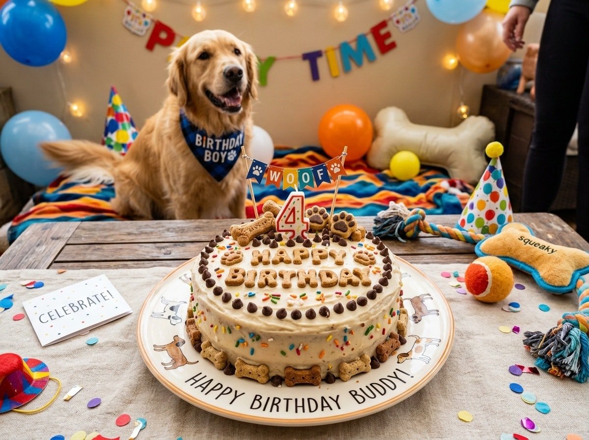 A banana pumpkin cake for dogs, decorated with icing and treats, on a colorful plate with a dog waiting eagerly.