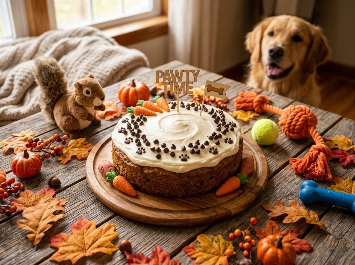 A homemade Turkey Harvest Cake for dogs with yogurt frosting and carob chip decoration, surrounded by autumn-themed decor.