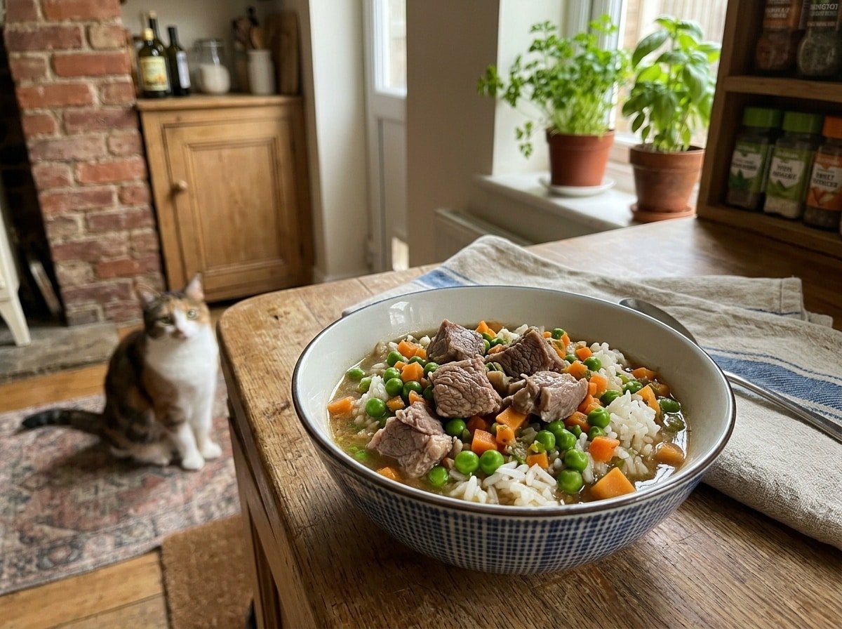 A nourishing lamb and rice meal for cats, with tender lamb, rice, and vegetables in a bowl.