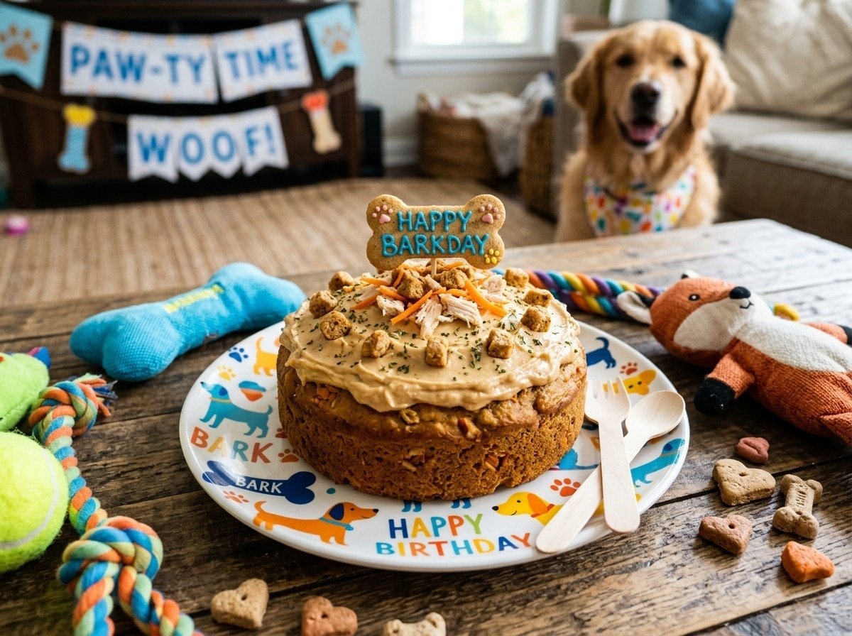A homemade Chicken Harvest Cake for dogs with frosting on a colorful plate, surrounded by dog toys.