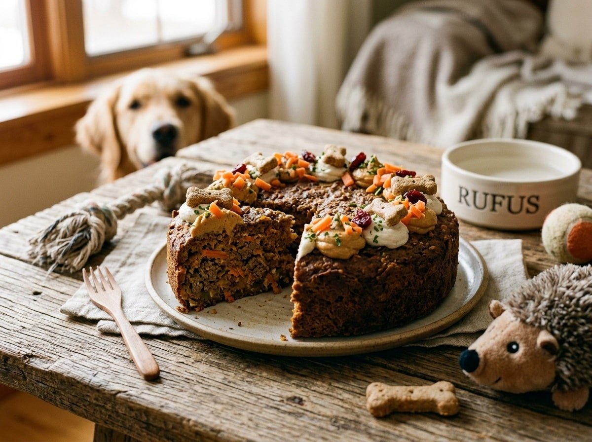 Beef Harvest Cake for Dogs decorated with frosting, with vibrant orange and brown colors, on a rustic table with dog toys.