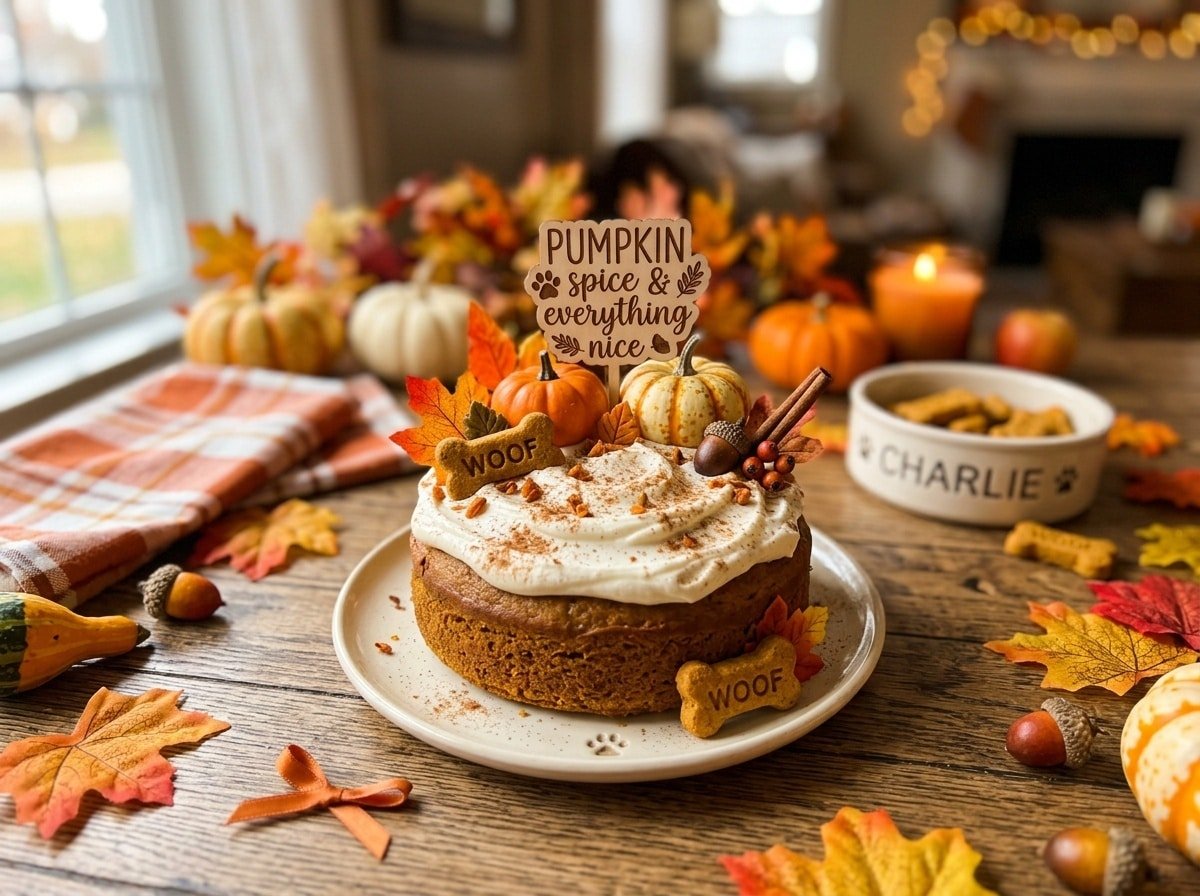 Autumn Pumpkin Dog Cake decorated with yogurt frosting on a rustic table with fall decorations.