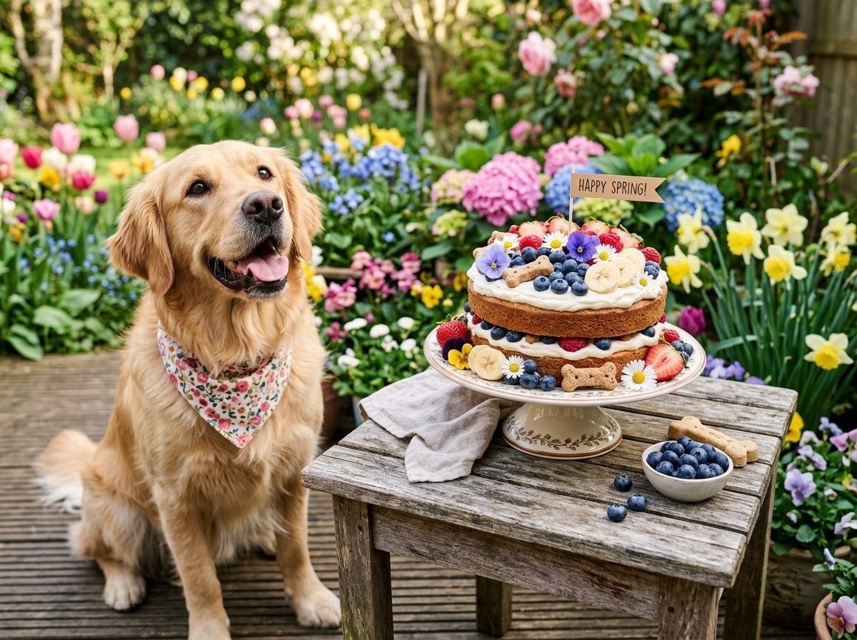 A delightful Spring Berry Dog Cake with blueberries and bananas, surrounded by blooming flowers and a curious dog.