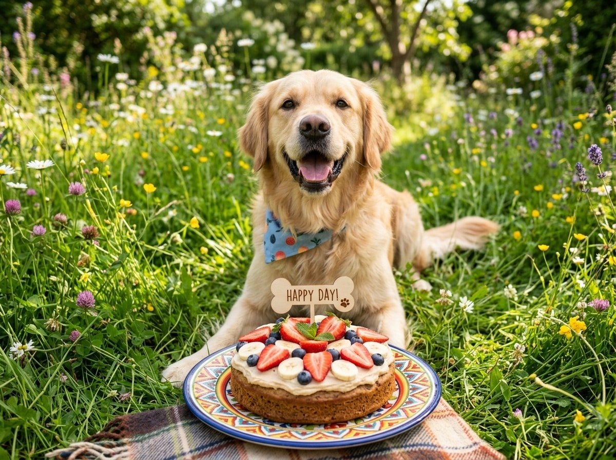 A Summer Fruit Dog Cake with fruit decorations, sitting on a bright plate on green grass, with a happy dog looking at it.