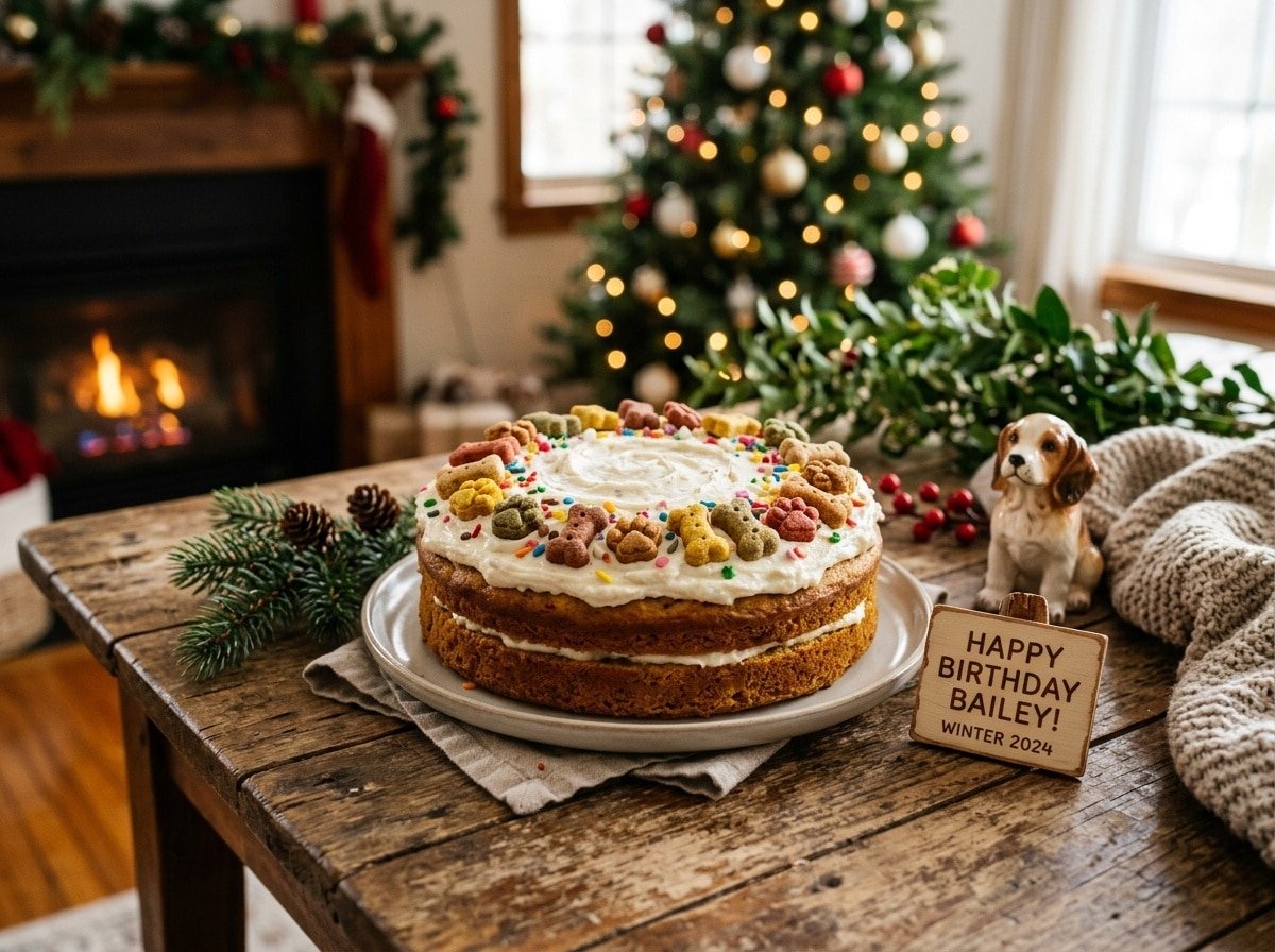 A decorated homemade dog cake topped with yogurt frosting and colorful dog treats, ready for serving.