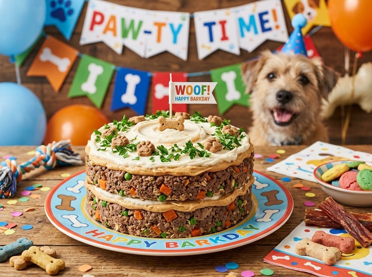 A delicious meat layer cake for dogs with frosting, decorated with parsley on a party-themed setting.