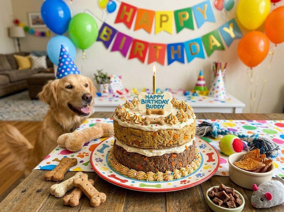 A two-layer dog cake made of beef and chicken, topped with yogurt frosting, in a festive setting for a dog