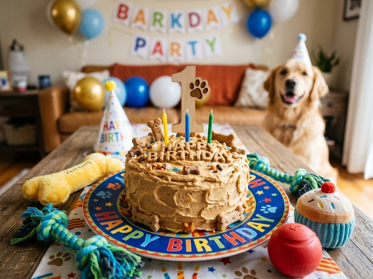 A colorful and festive dog cake made with peanut butter, surrounded by dog toys, perfect for celebrating a dog