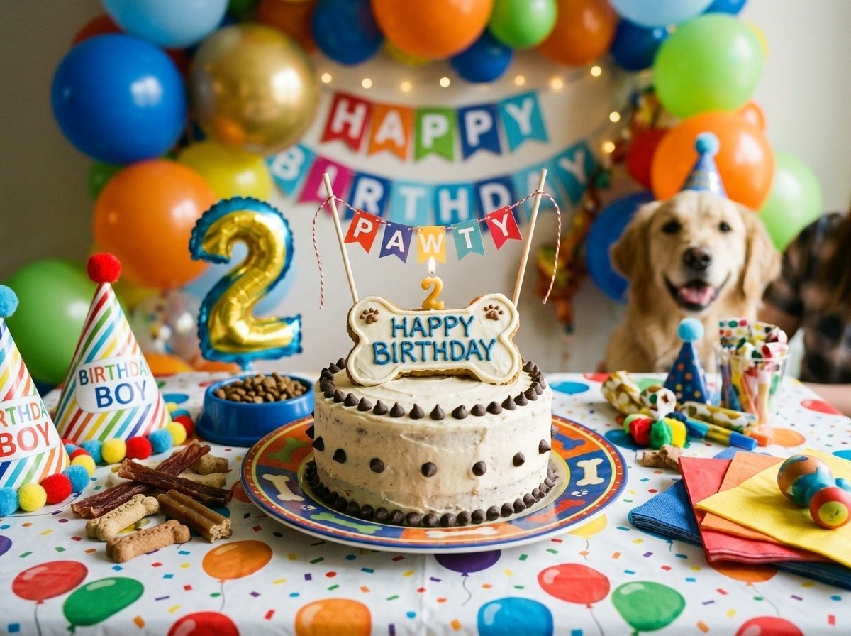 A decorated dog birthday cake made with peanut butter and pumpkin, garnished with carob chips and festive decorations.